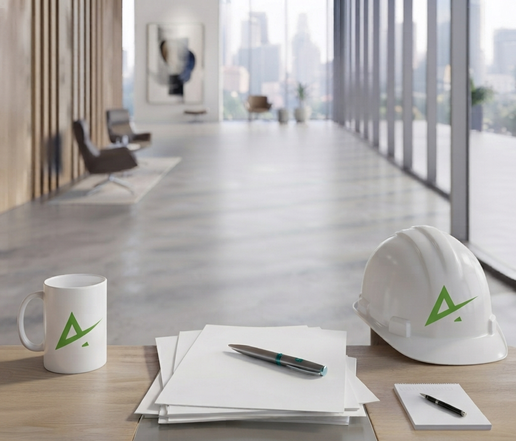 Afkar office desk with hard hat