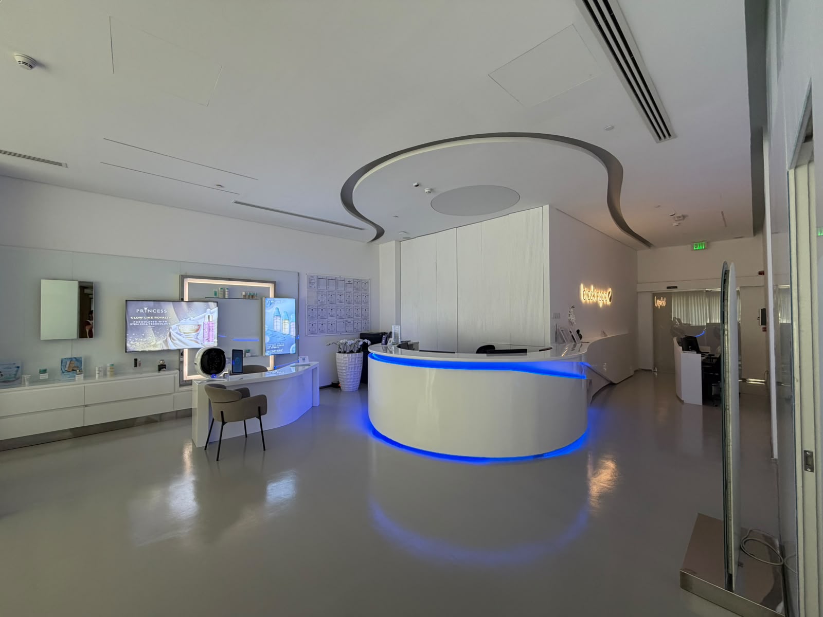 BioSkinSpa reception desk with backlit feature ceiling