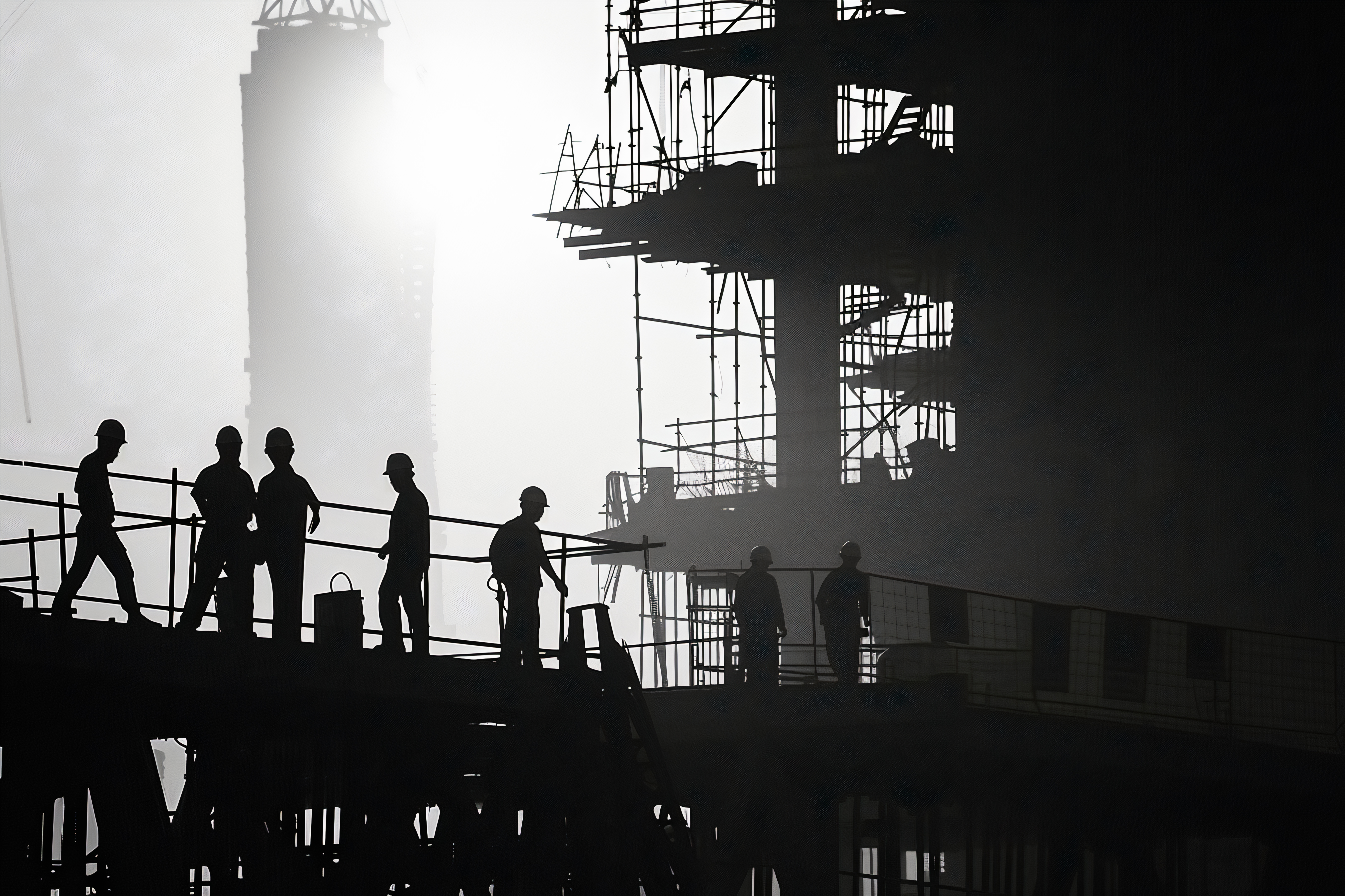 Construction workers on site at dusk